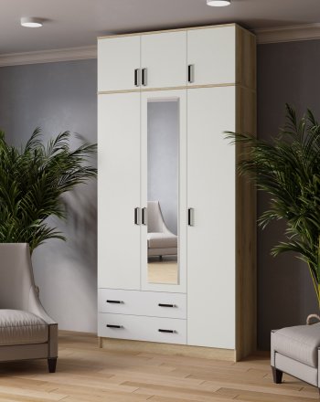 Шкаф Лагуна с антресолью с зеркалом делано/белый (Текс) в Ревде - revda.mebel-e96.ru