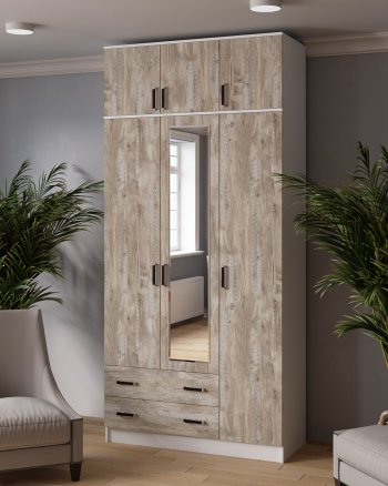 Шкаф Лагуна с антресолью с зеркалом дуб юкон (Текс) в Ревде - revda.mebel-e96.ru